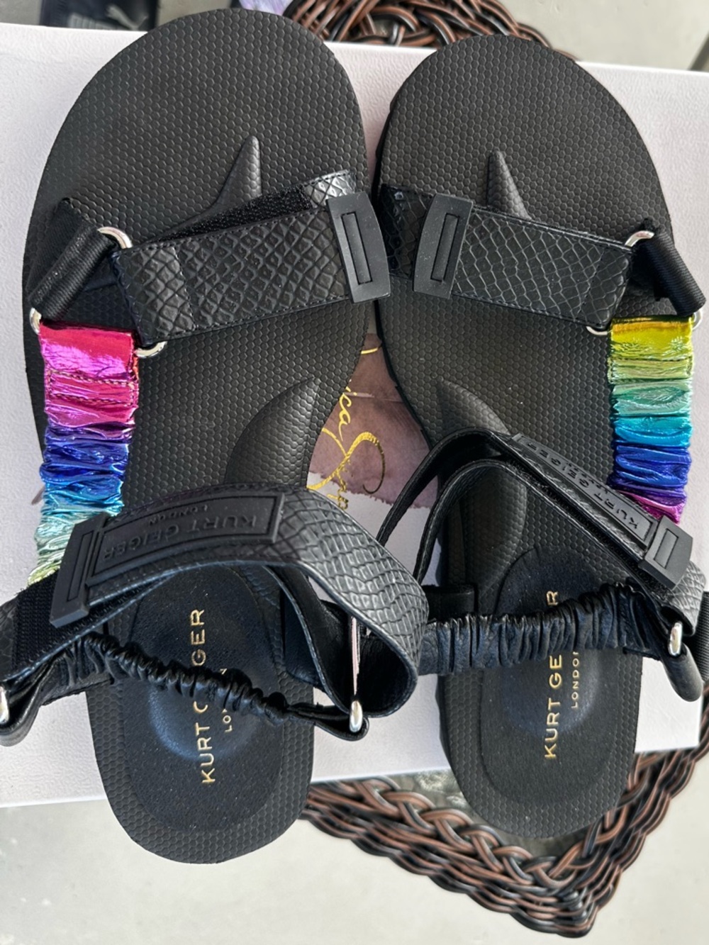 Kurt Geiger Black Platform Sandals with Multicolor Price Tag Accent